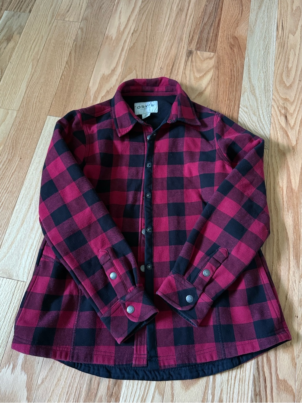Orvis Shirt Jacket Red Plaid Fleece Lined Snap Front Flannel